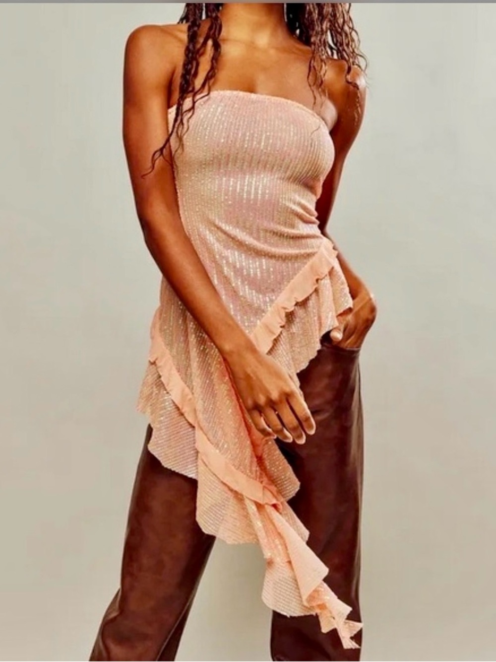 NWOT! Free People Taylor Sequins Tube Top Asymmetrical Ruffle Peach ~ M